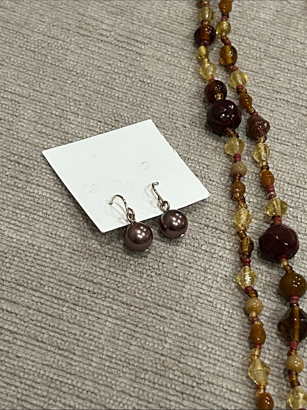 Amber-Tone Glass Bead Double Strand Necklace with Matching Earrings - 23” image 3